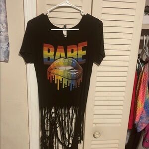 Black Fringe T-Shirt with Rainbow Graphic